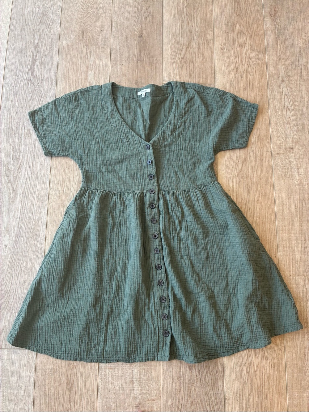 Madewell Olive Green Button-Front A Line Cotton Dress short sleeve v neck small